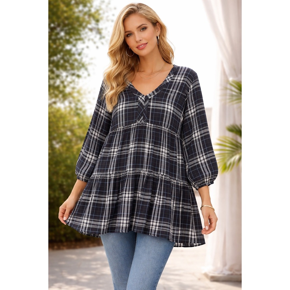 GAP Womens Tunic Top Plaid Tiered V Neck Long Sleeve‎ Shirt Large